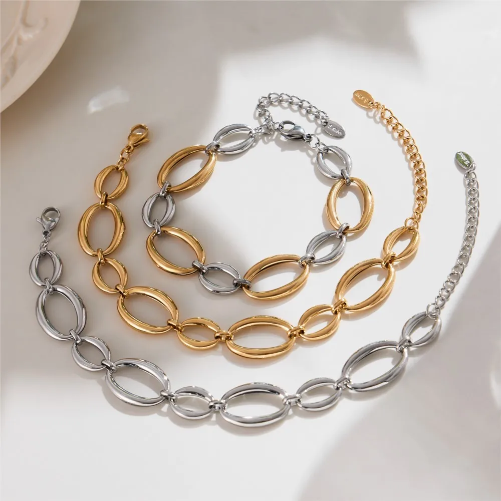 Elegant Two-Tone Stainless Steel Necklace and Bracelet Set - 18k Gold Plated Chunky Chain Jewelry