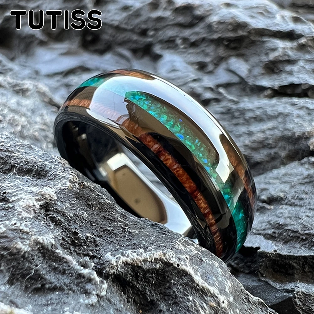 8mm Tungsten Ring for Men Women Engagement Wedding Band Jewelry Green Opal Koa Wood Inlay