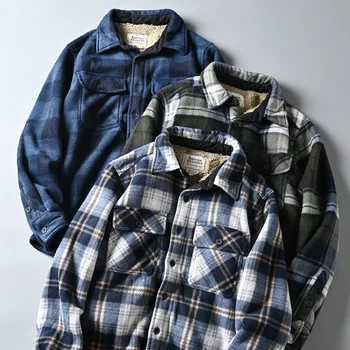 Camicia da uomo a maniche lunghe a quadretti in lana di agnello ispessita Autunno Inverno Giacca da camicia da esterno foderata trapuntata in flanella di pile caldo 1