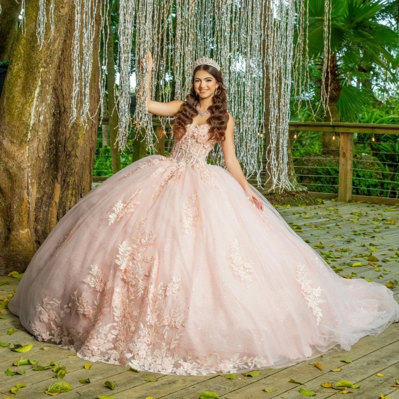 

Pink Quinceanera Dresses for 16 Year Ball Gown Sexy Off the Shoulder Applique Lace Tull Party Dress for Girl Vestidos De 15 Años