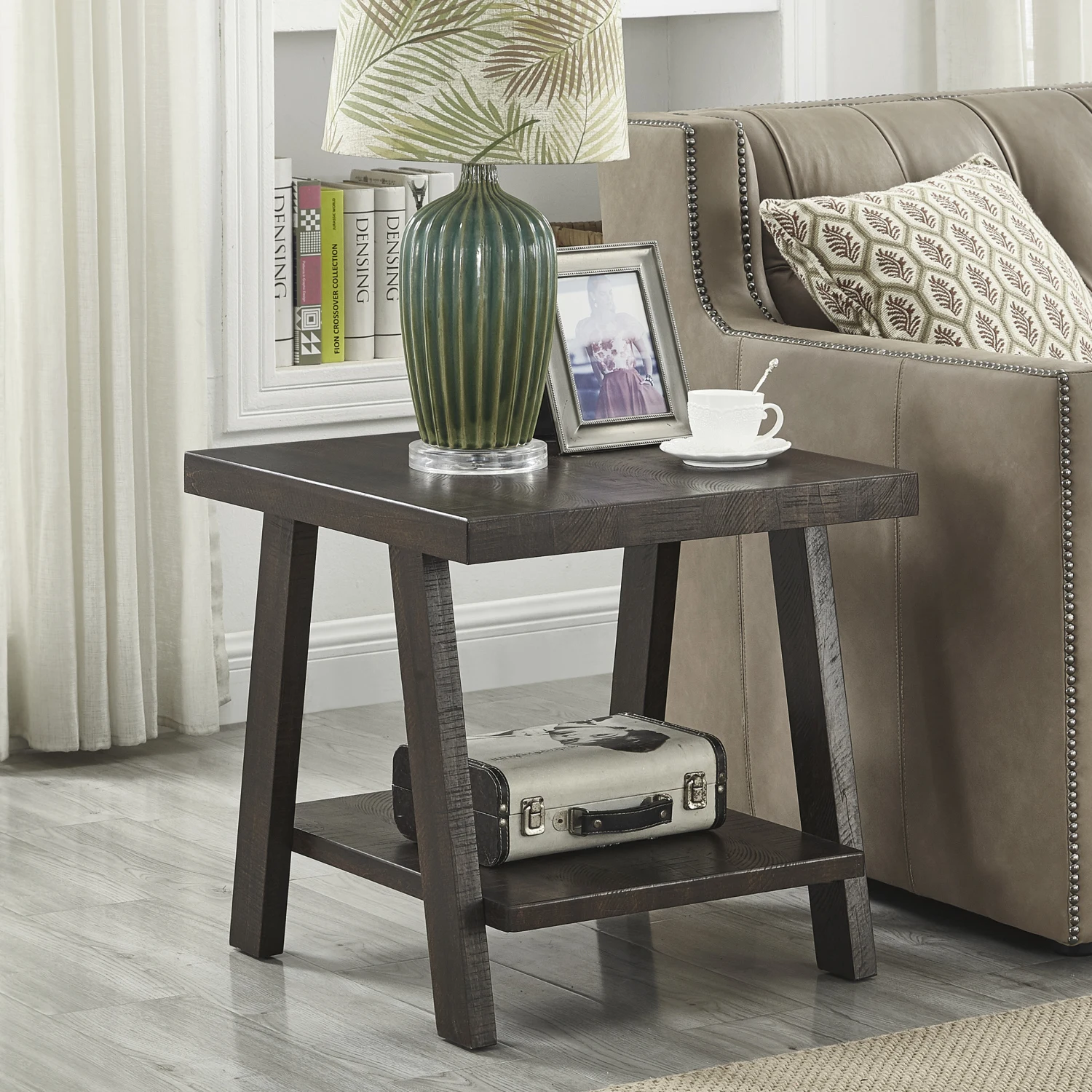 

Contemporary Athens Weathered Espresso Wood End Table with Stylish Shelves for Modern Living Room Decor and Organization