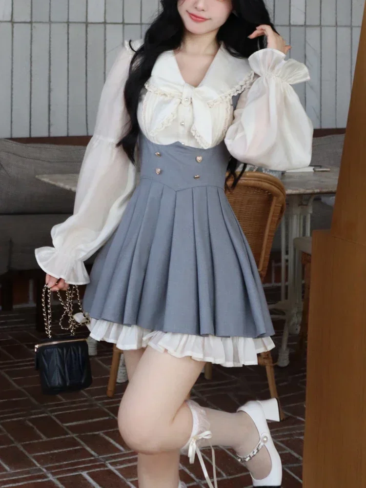 

Korean Sweet Suspender Dress Suit Women Cute Vintage Two-piece Set Female 2024 Gray Pleated Mini Dress + Peter Pan Collar Blouse