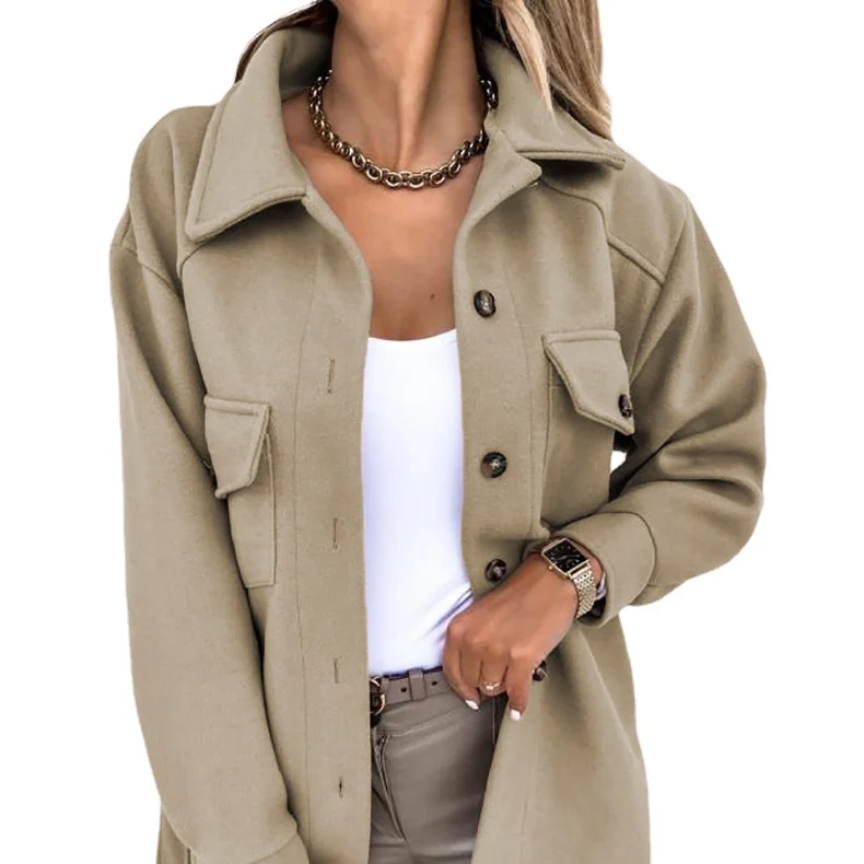 

Autumn/Winter New Women's Long Sleeve Temperament Solid Color Polo Button Lace Up Woolen Coat