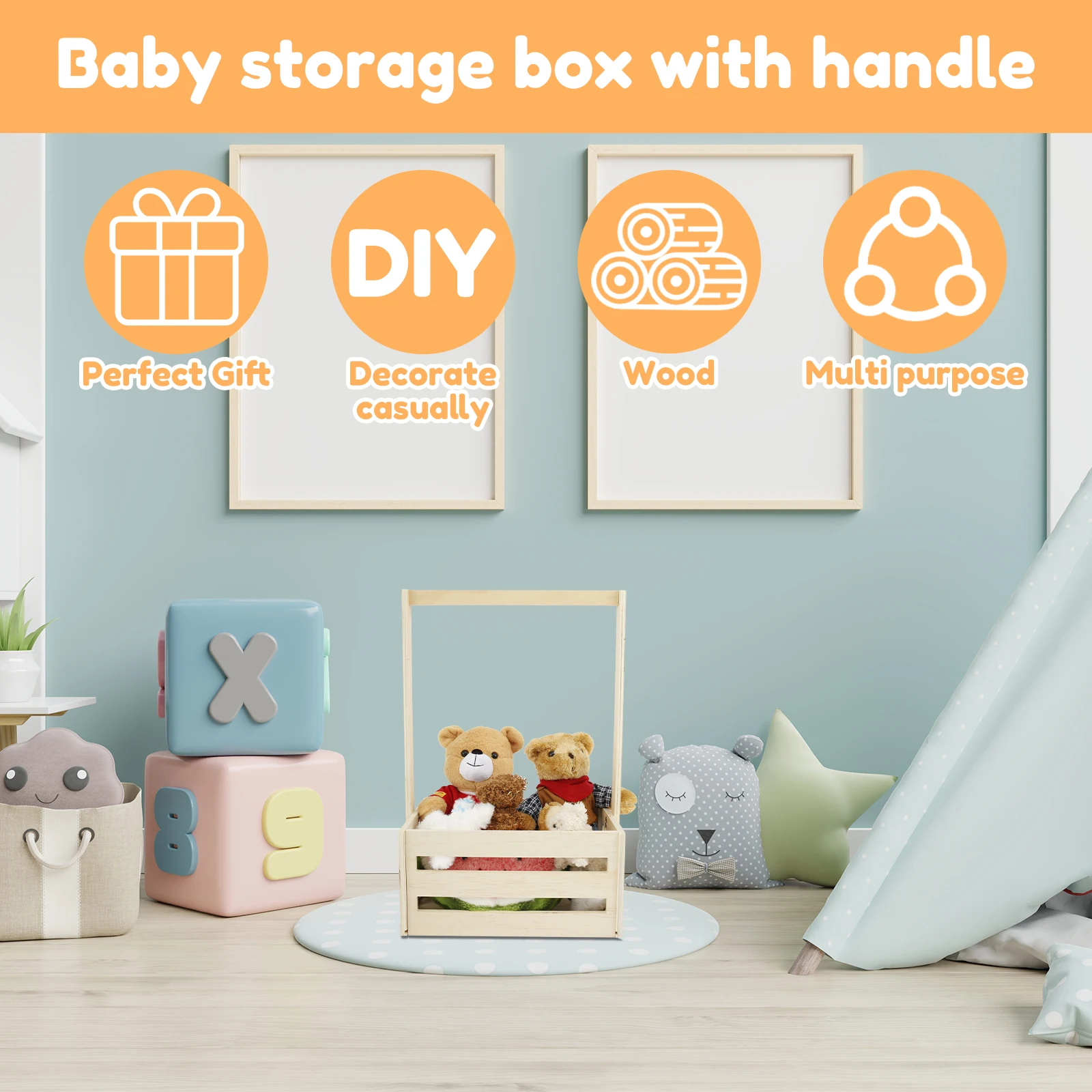 Wood Storage Crate Baby Toys Clothing Organizer Box Children Portable Basket Long Handle Sturdy 2