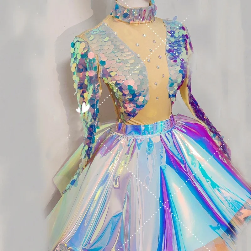 Group Jazz Dance Dress Sexy Sequins Bodysuit Laser Skirt Women Singer Gogo Dance Wear Bar Nightclub Ds Dj Party Outfit XS8298