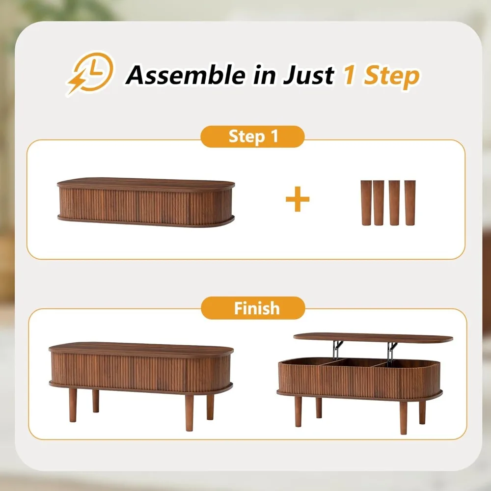 Fluted Lift Top Coffee Table with Hidden Compartment, Fully Assembled Wooden Center Table, Modern Oval Lift Tabletop for Home Li 3