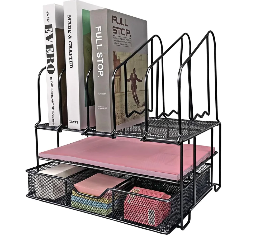 Desk Organizer with Drawer, 3Tier Paper Tray with 5 Upright File