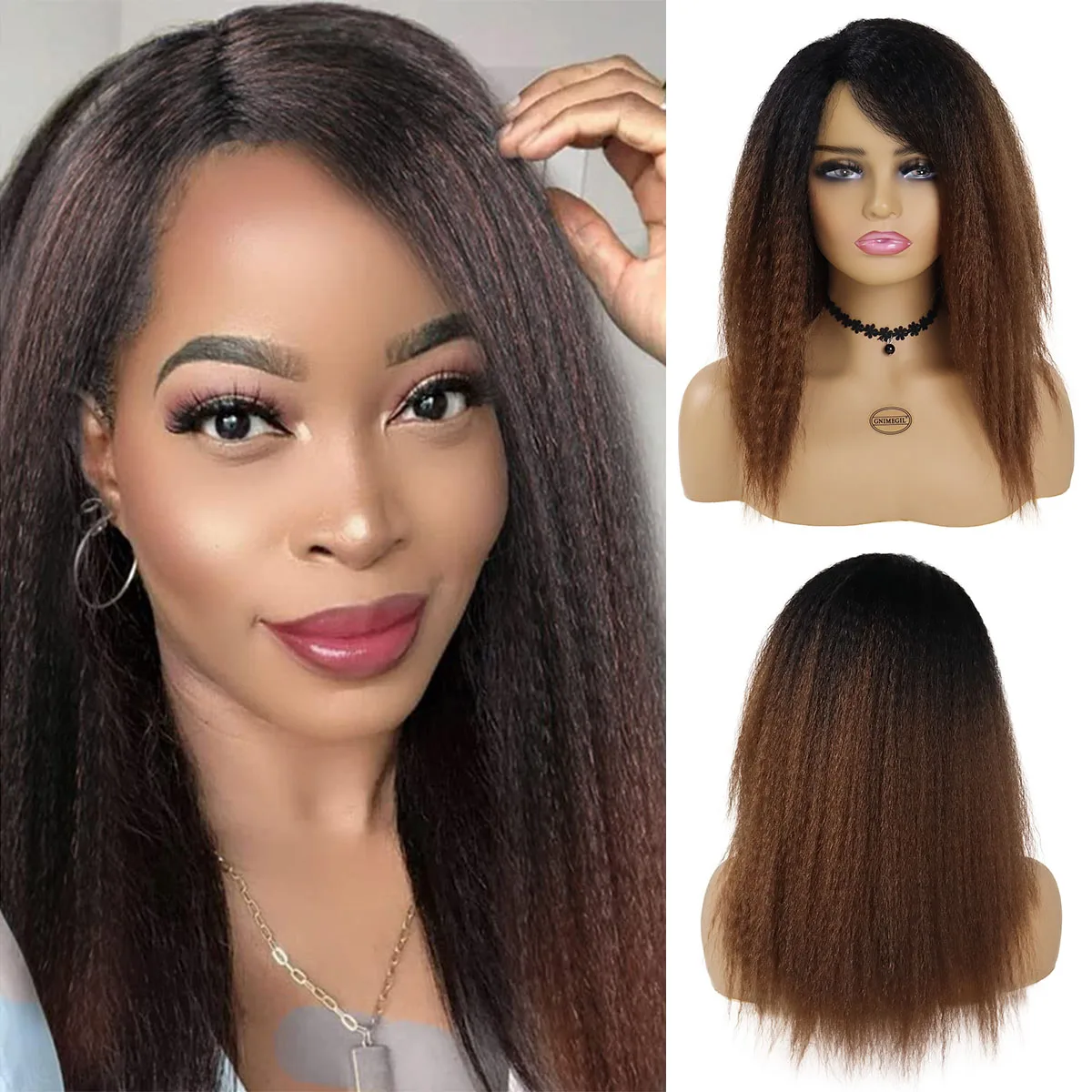 

GNIMEGIL Synthetic Yaki Hair Wig Afro Kinky Straight Hair Wig for Black Women Daily Use Natural Ombre Brown Fluffy Hairstyle