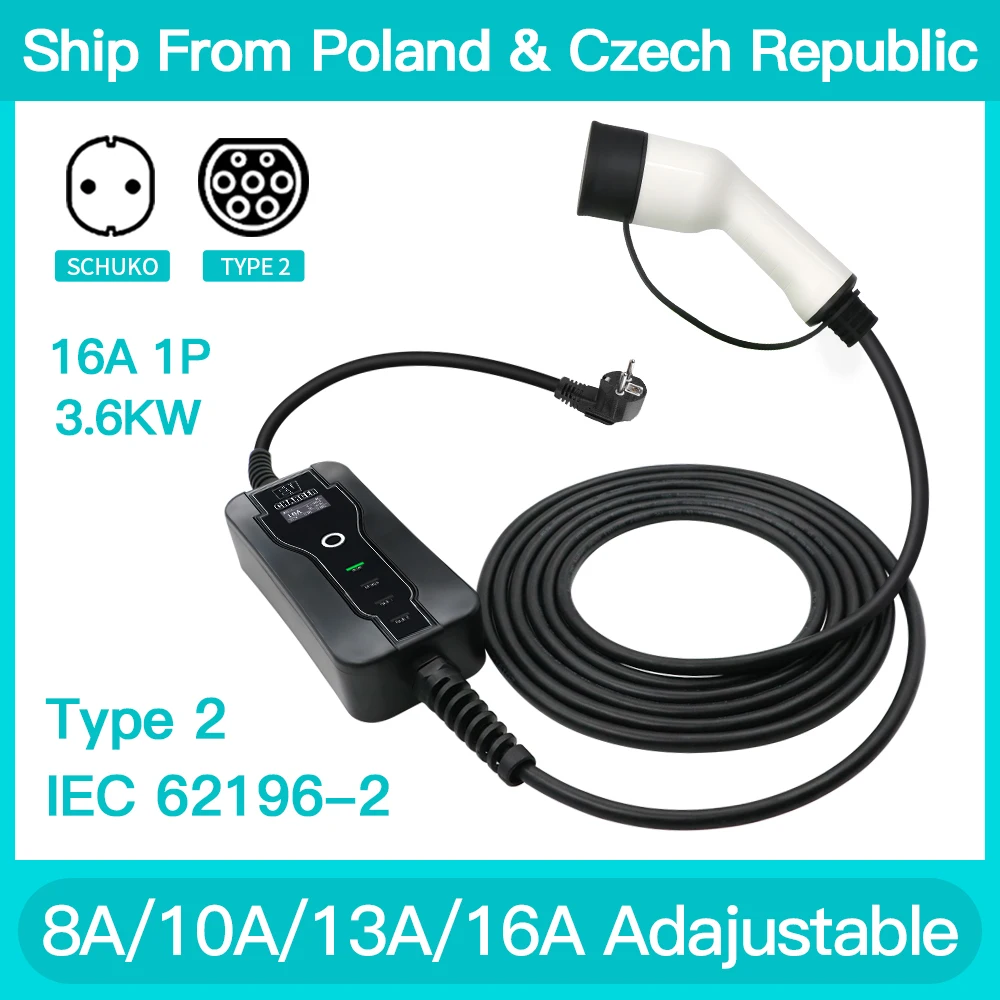 16a 3.6kw Portable Ev Charger Type 2 Iec621692 Plug Charging Wallbox