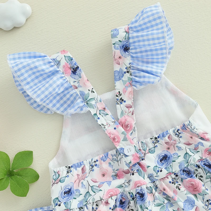 Baby Girls Romper, Fly Sleeve Flower Print Embroidery Letters Bow Infant Bodysuit Summer Clothes for Casual Daily