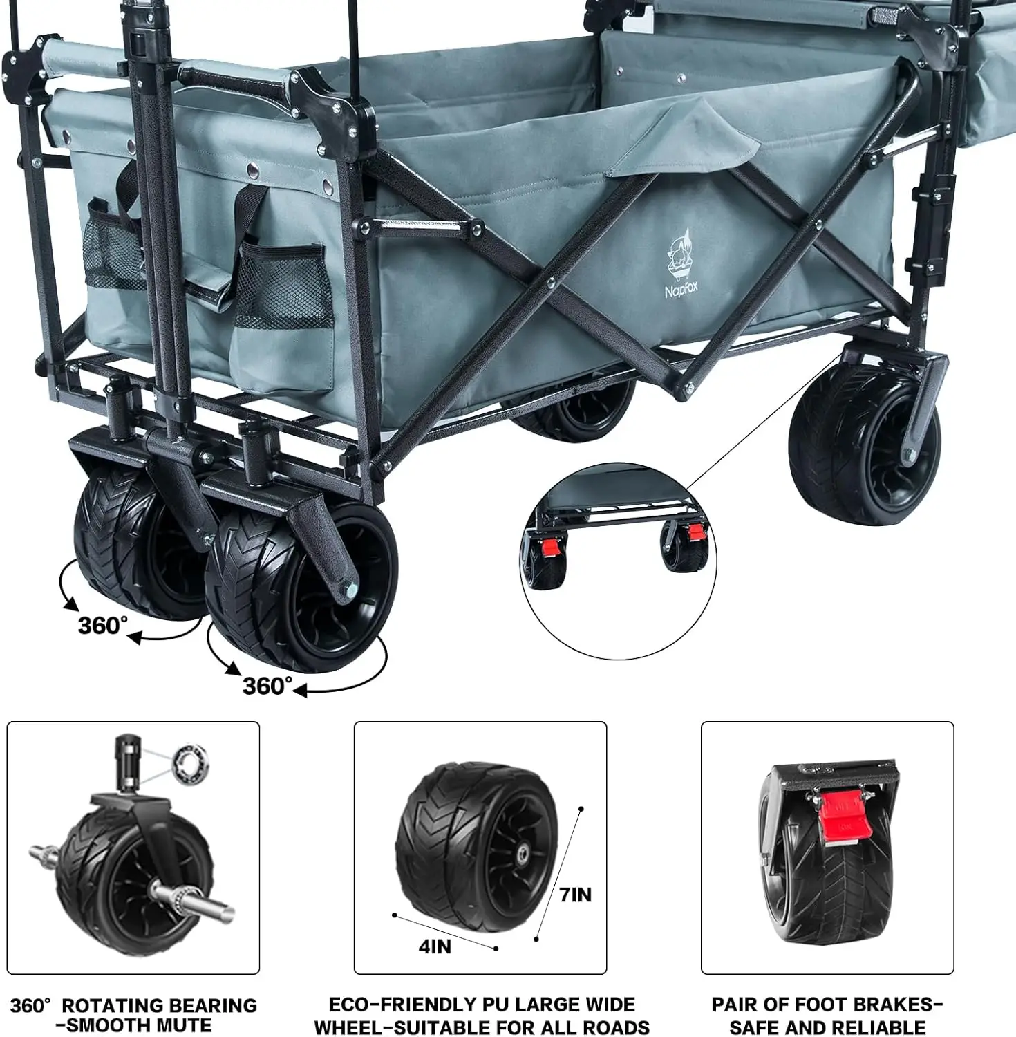 Wagon Heavy Duty Folding Wagon Cart with Removable Canopy, 4" Wide Large All Terrain Wheels, Brake, Adjustable
