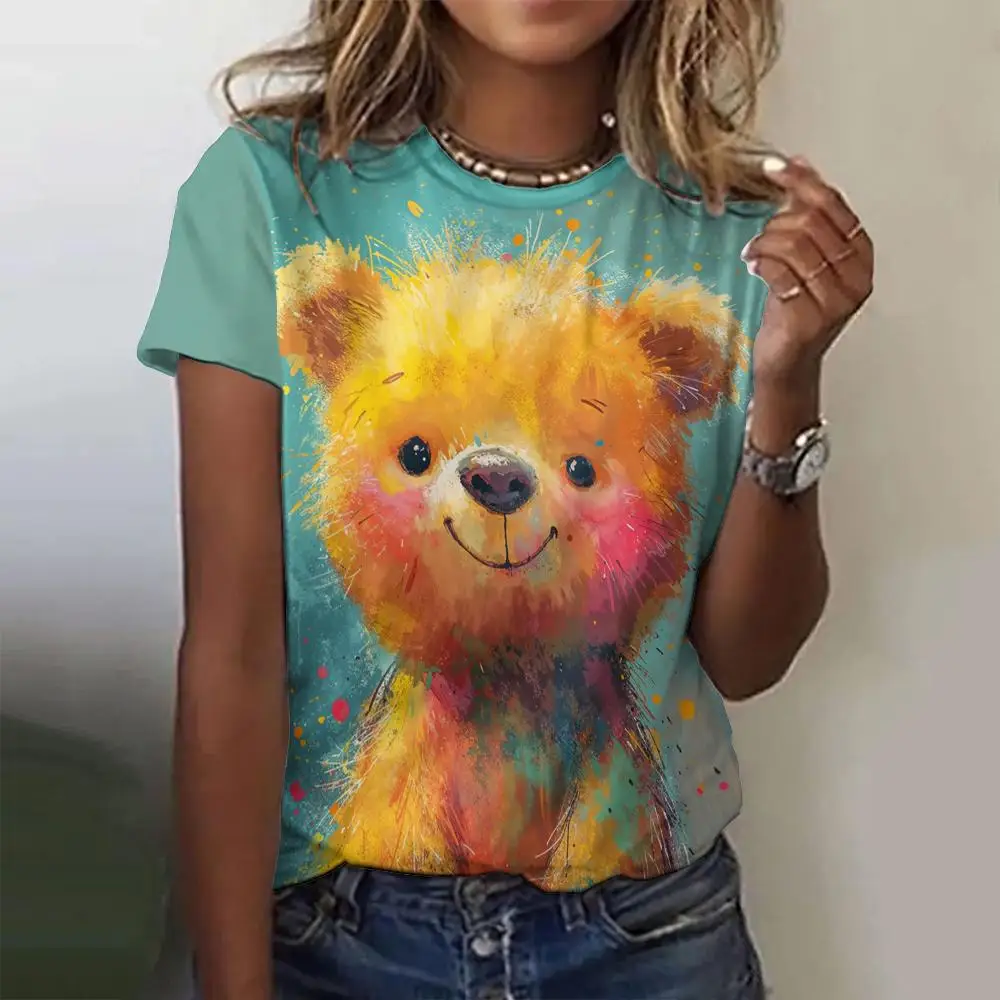 

Women's T-Shirts Smiling Cartoon Animal Print Top Short Pullover Sleeved Fashion Casual O-Neck Tee Shirt Female Clothing Summer