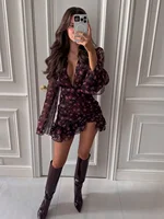 Robe Mini Chic à Volants Peinte à la Main avec Motifs Floraux pour Femmes, Manches Longues, Col en V Profond, Coupe Slim, Robes Trapèze, Robes de Vacances pour Femmes 2026 2