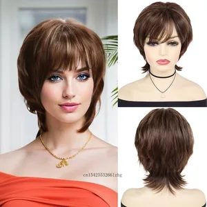 GNIMEGIL Synthetic Short Brown Wig for Women Natural Fluffy Wavy Hair Stylish Mommy Wig with Bangs Daily Casual Cosplay Costume