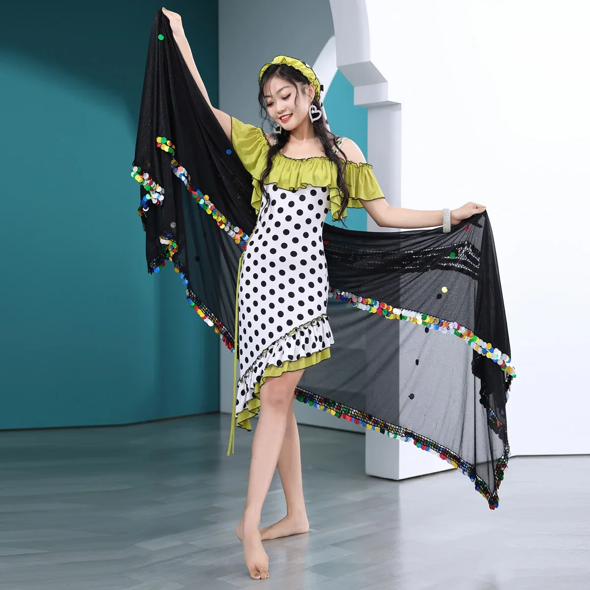 Nuovo stile costumi di danza del ventre paillettes nappa sciarpa dell'anca di danza del ventre