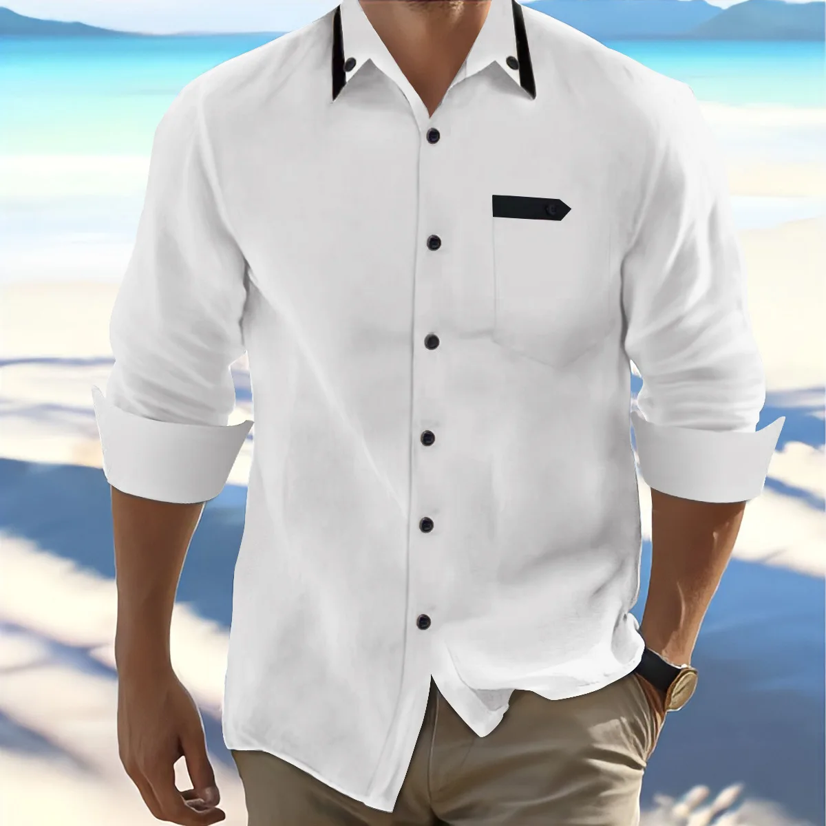 

Мужская рубашка с длинными рукавами, однотонная Повседневная деловая рубашка с отложным воротником и карманами, украшение для весны и осени