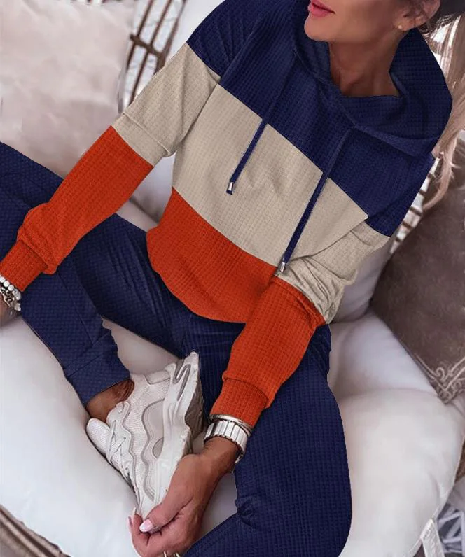 Striped Colorblock Waffle Knitted Hoodie and Flipped Pants Set 2023 New Hot Selling Fashion Women's Long Sleeve Sportswear mens colorblock fleece lining hoodie l multi c