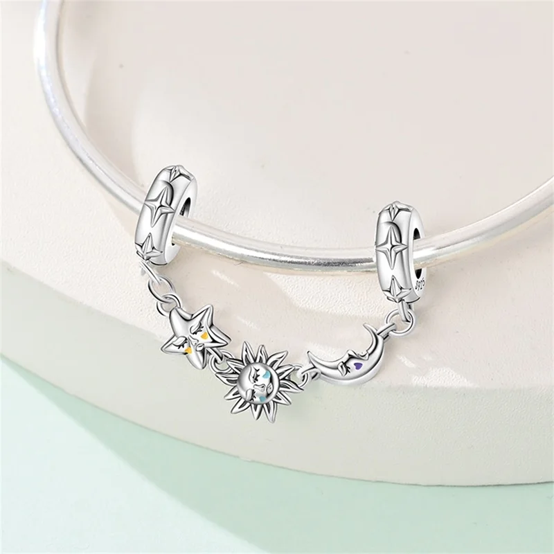 Sicherheitskette aus 925er-Sterlingsilber, Stern, Mond, Flugzeug, Erde, eingelegter Zirkon, Charms, Perlen, passend für Original-Armreif, DIY-Schmuck – Detail 38