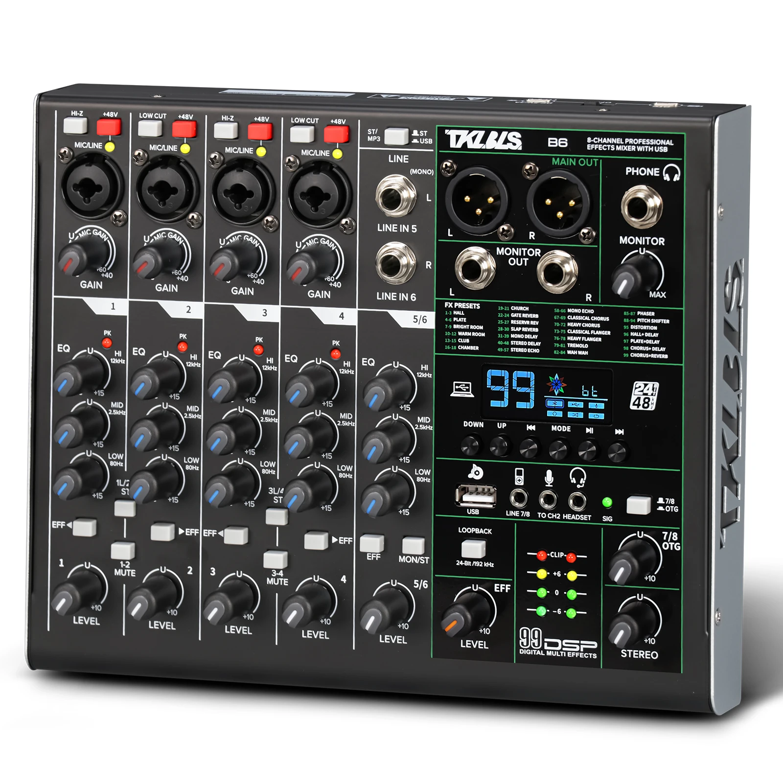 6채널 오디오 믹서 TKLBLS B6 디지털 블루투스 USB 인터페이스 DJ 믹서 (99개 DSP 효과, 48V 팬텀 파워, 라이브 브이로그용)