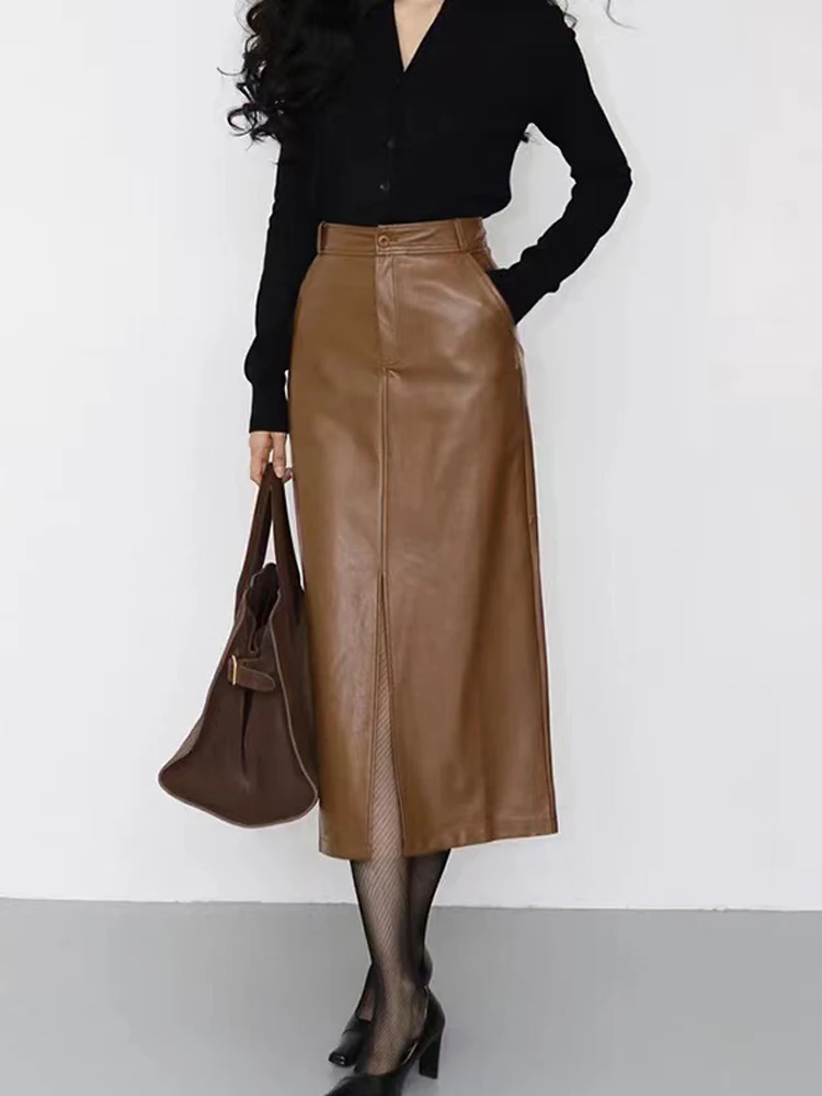 Winter Leather Clothing for Women A-Line Front Split Back Waist Elastic French Long Skirt Female Burdundy Slim Pencil Faldas