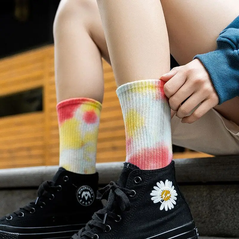 Tie-dye Socks European and American Street Fashion High-top Men and Women Solid Color Cotton Socks Basketball Skateboard Socks