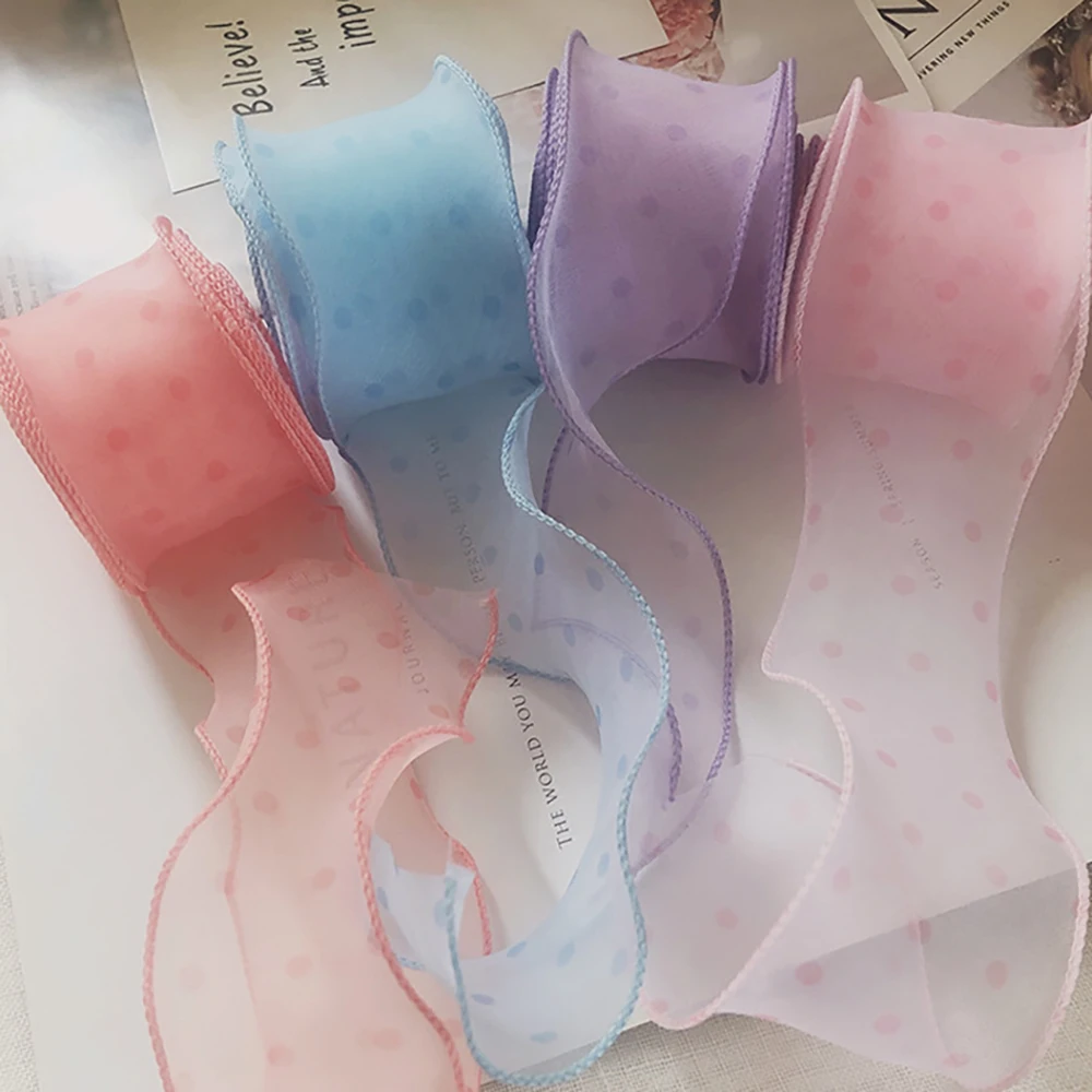 Chainho,Gauze Ribbon,Solid Color,Polka Dots,DIY Handmade Bow Tie Materials,Gift Flower Packaging,Width:50mm,Length:2Yards,SD16