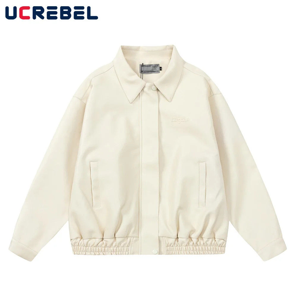 

Solid Color PU Leather Jacket Mens Autumn Casual Long Sleeve Streetwear Loose Lapel Zipper Jacket Outerwear Men