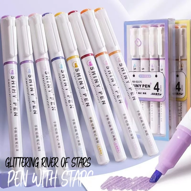 4 Colors/box Kawaii Glitter Highlighter Pen Pastel Fine Pastel Highlighter Marker Scrapbook Painted Stationery School Supplies