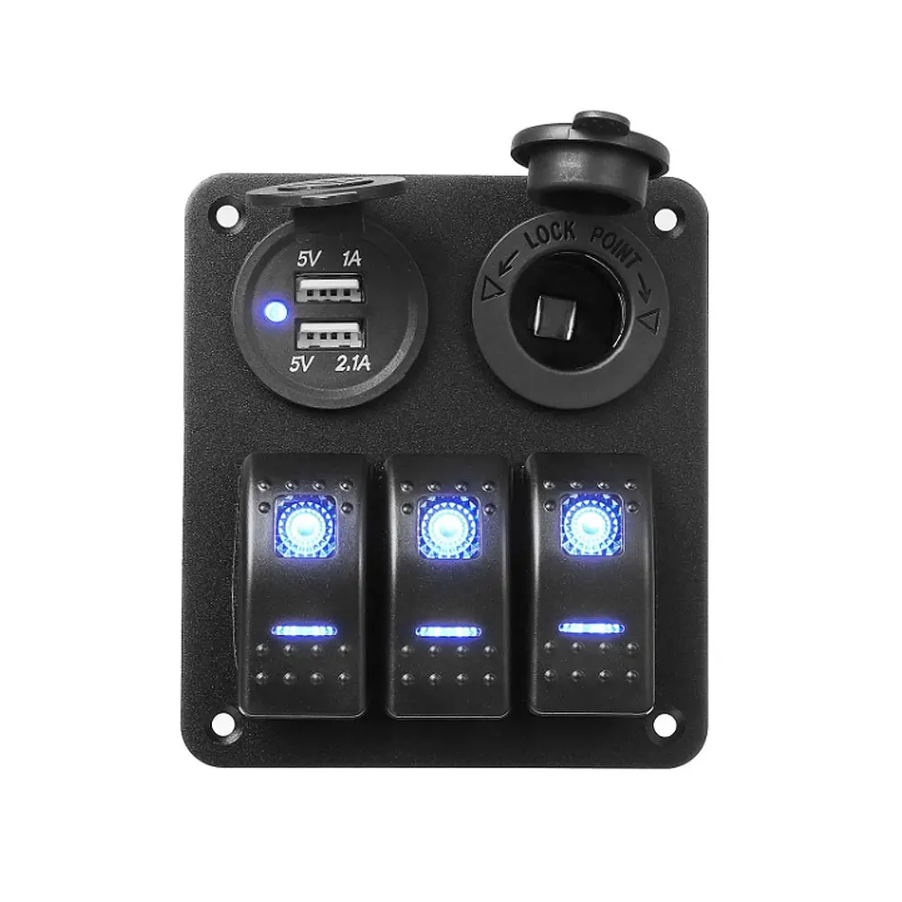 3 Gang 12V/24V LED Rocker Switch Panel Dual USB Port Cigarette Lighter ...