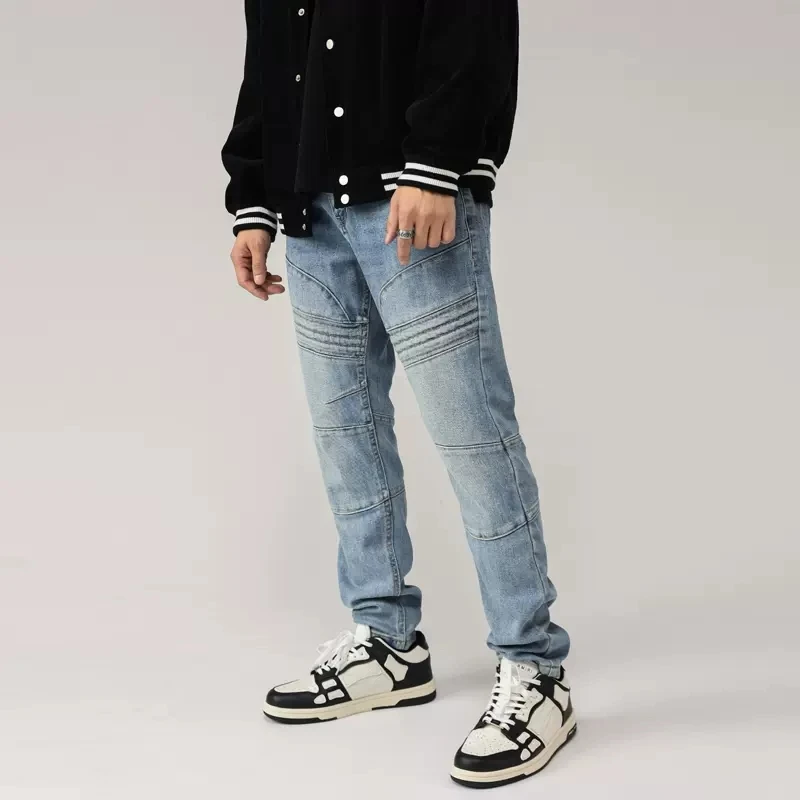 High Street Fashion Men Jeans Retro Light Blue Spliced Designer Biker Jeans Men Elastic Stretch Slim Fit Hip Hop Pants Hombre