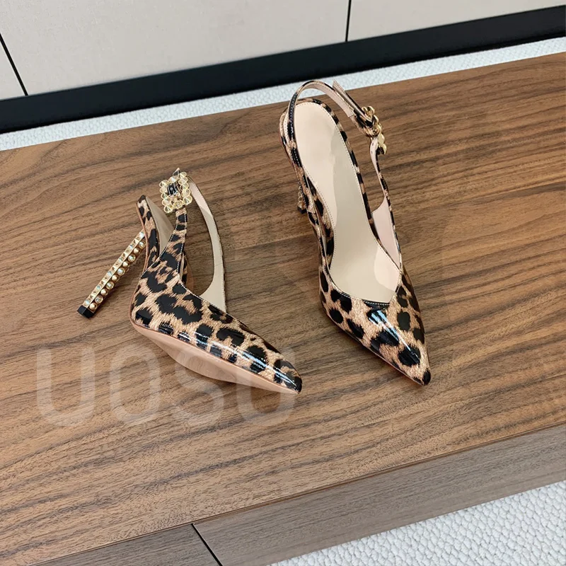 Designer Women Heels Luxury Crystal Leopard Pattern Patent Leather Side Hollow Fine Heel Ladies Shoes Ankle Strap Dress Shoes