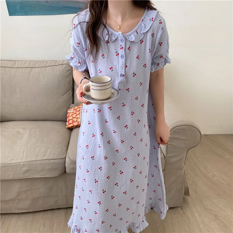 Cherry Print Summer Nightgown Women O-Neck Short Sleeve Casual Cotton Sleepwear Loose Ruffles Homewear Kawaii Korean