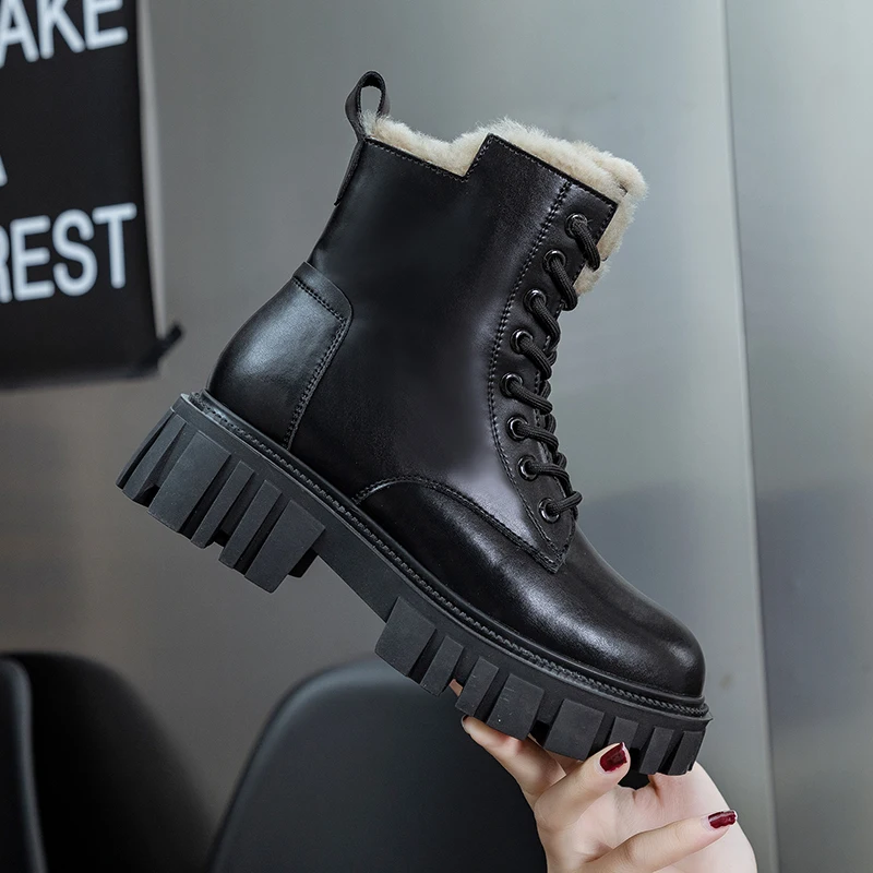 

Leather Ankle Boots Women 2023 Winter New Cotton Boots Thick Sole Increase Retro British Style Plus Cashmere Boots Women