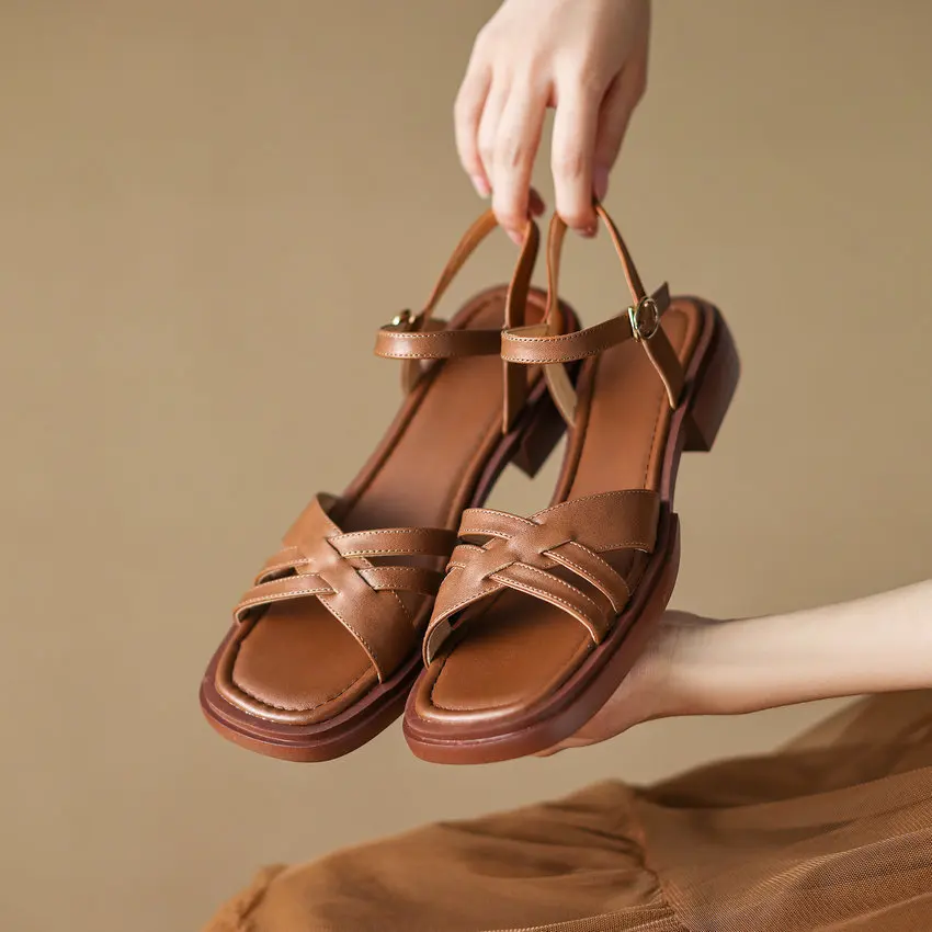 QUTAA Women Sandals Summer Party Wedding Casual Pumps Slingback Fashion Low Heel Genuine Leather Shoes Woman Size 34-43