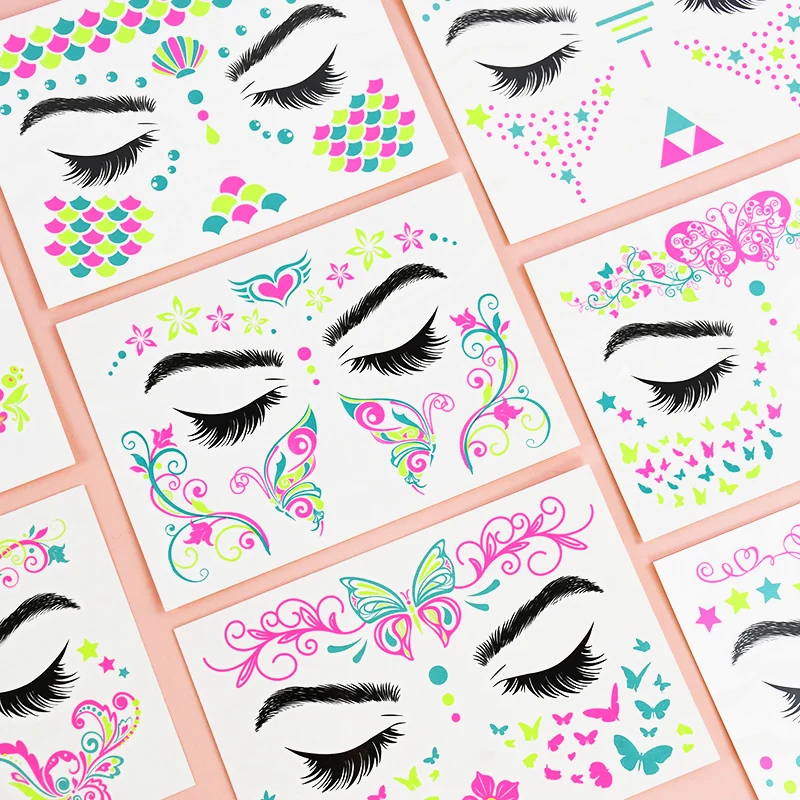 8pcs Fluorescent Butterfly Tattoo Music Festival Concert Bar Nightclub Bachelorette Party DIY Decorations UV Glowing Neon Tattoo