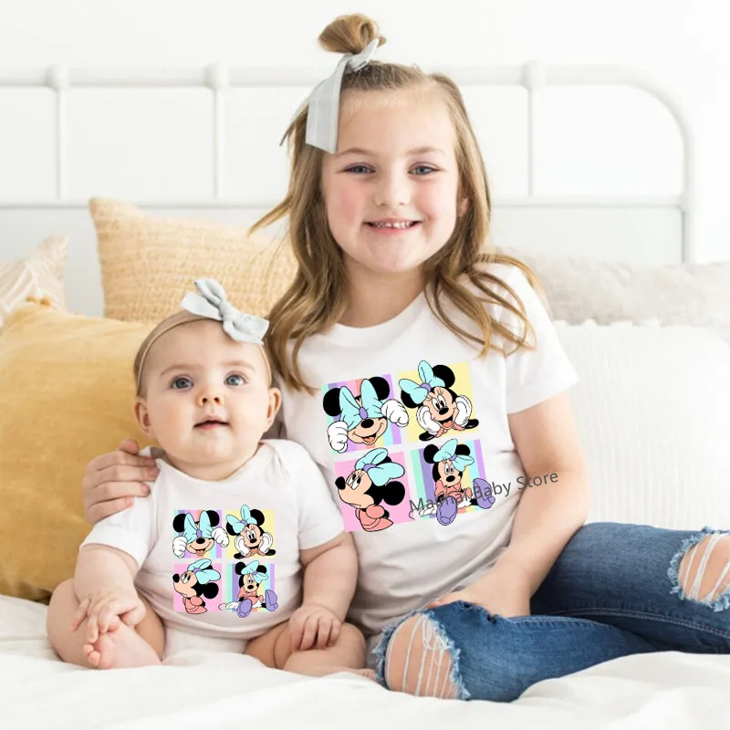 New Disney Minnie Mouse Shirts Cute Mother and Kids Tshirts Tops Baby Romper Funny Look Disneyland Trip Family Matching Outfits 2