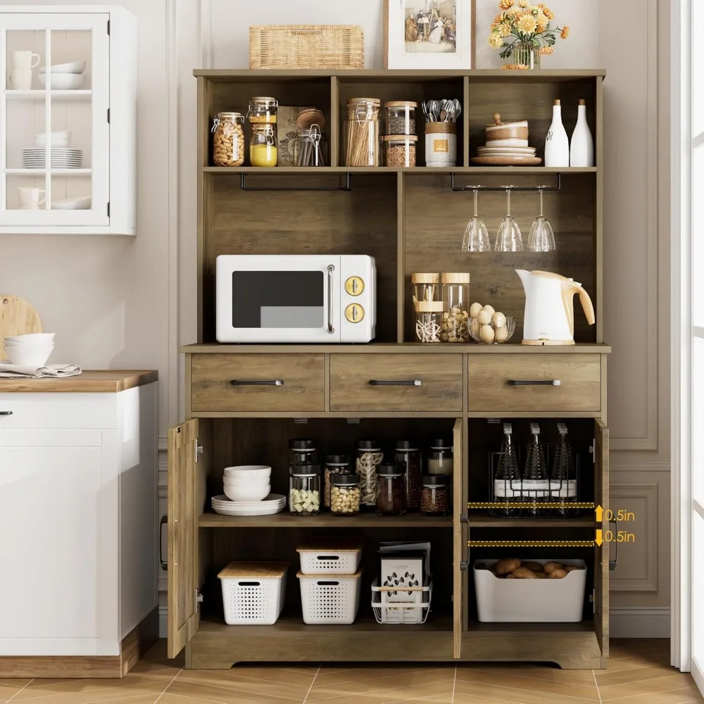 HOSTACK Buffet Cabinet with Hutch, Modern Farmhouse Kitchen Buffet Sideboard Storage Cabinet with 3 Drawers, Barn Door Coffee