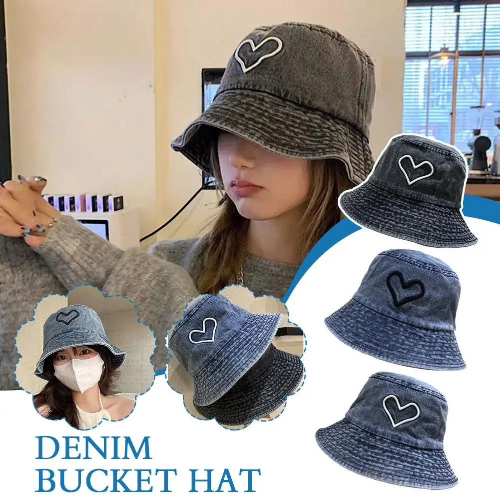 

1PCS Heart Embroidered Cowboy Washed Denim Bucket Hats Women Cap Bob Hop Bucket Unisex Fisherman Men Folding Hip U7E7