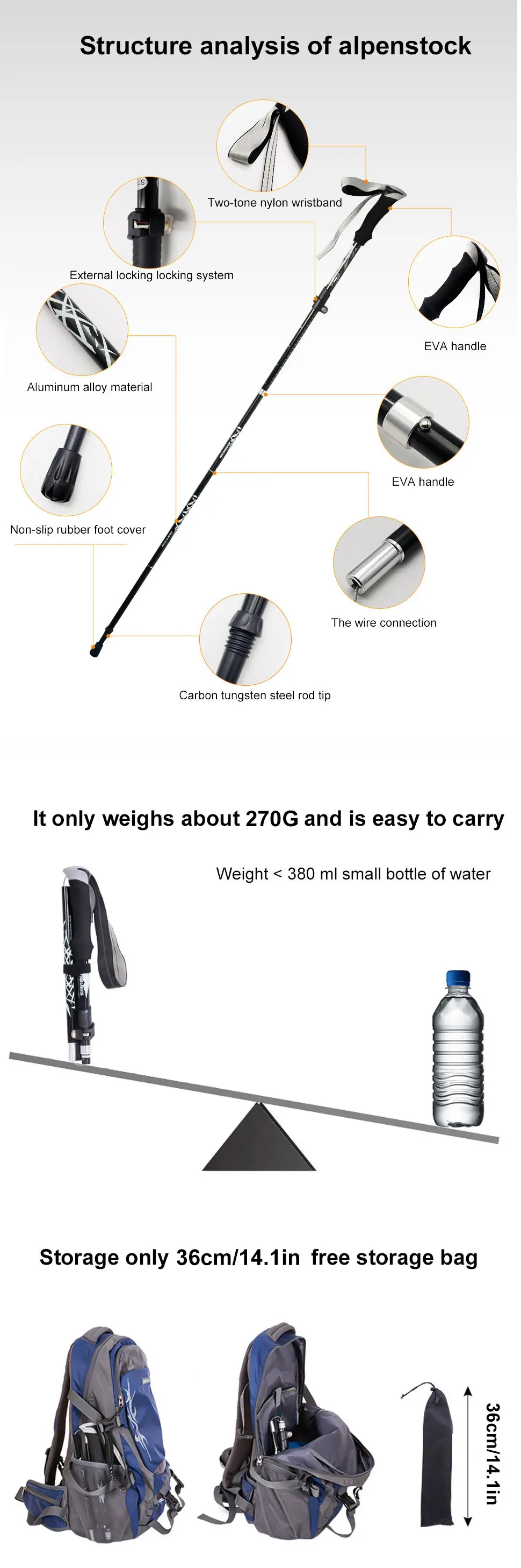 WESTTUNE Outdoor Fold Trekking Pole 5-Section Collapsible Telescopic Stick Camping Lightweight Walking Hiking Climbing Stick