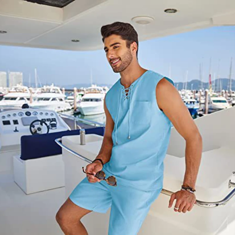 Men's 2 Piece Linen Set Sleeveless and Shorts Summer Suits for Men Hawaiian Sets Designer Clothes Men