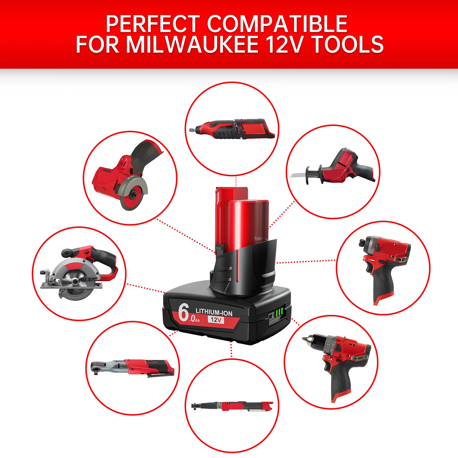 Rechargeable Battery 12V 6.0Ah with Light for Milwaukee M12 Battery M12 Tool 48-11-2402 48-11-2411 48-11-2401