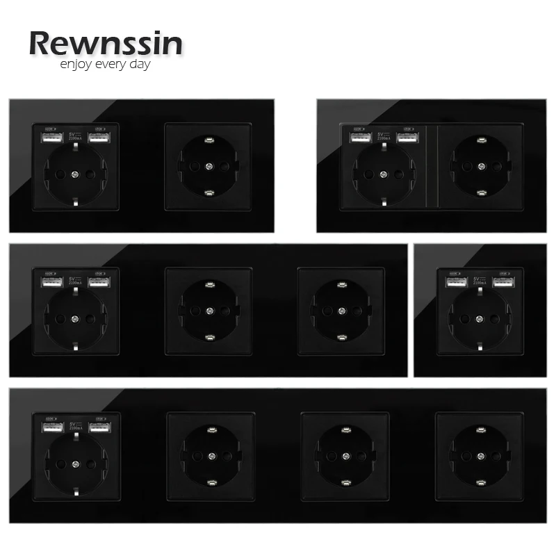 

EU Standard DE Usb Socket, with Usb Charge, Multiple Outlets, Black Glass Frame, EU Russia Spain Wall Power Eletrical Outlets