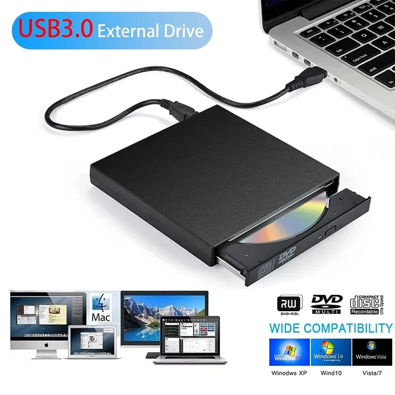 Grabador de CD externo USB 3,0, unidad óptica RW, CD, DVD-ROM, reproductor de grabador, lector, grabadora de DVD portátil para ordenadores portátiles 1
