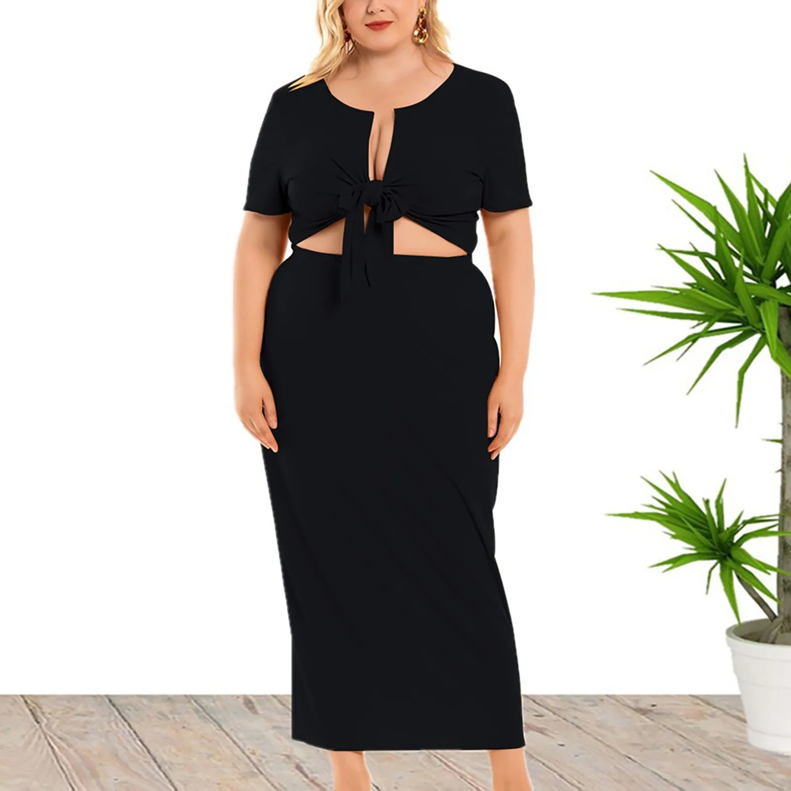 

Women's V Neck Large Size Solid Color Sexy Chest Tip Top Wrap Hip Skirt Two Piece Set Dress For Ladies Loose Vestidos