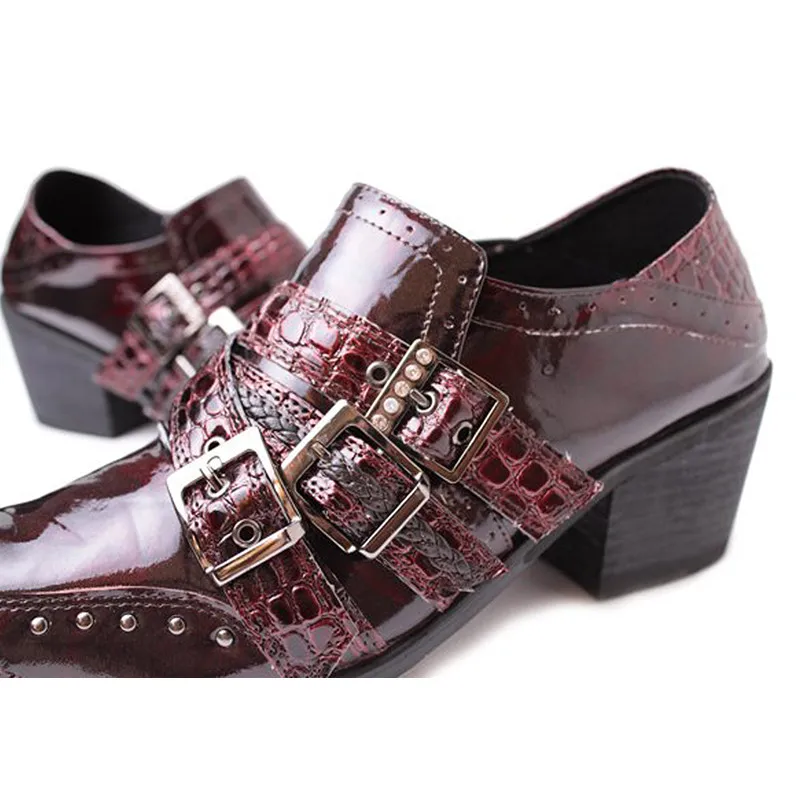 Christia Bella Handmade Pointed Toe Buckle Men Brogue Shoes High Heel Man Business Formal Shoes Party Genuine Leather Men Shoes