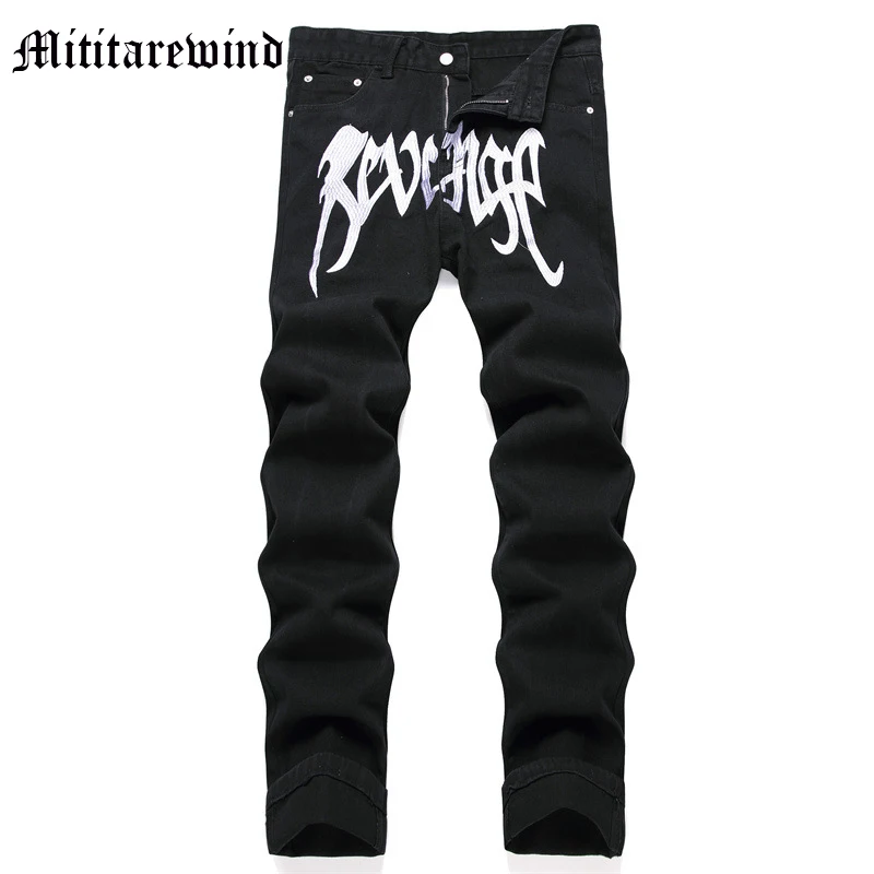 

Black Letter Embroidery Loose Straight Jeans For Men Youth High Street Fashion Y2k Style Hip Hop Streetwear Vintage Trousers