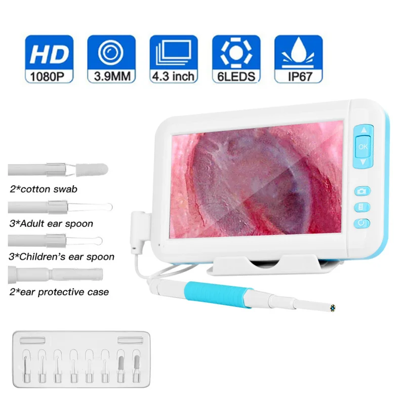 3.9Mm 4.3 Pollici 1080P Hd Schermo Fotocamera Otoscopio Monitor Auricolare Digitale Earpick Ear Cleaner Schermo Otoscopio Endoscopio Fotocamera