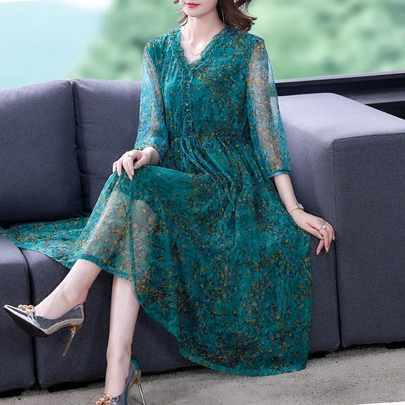 

Floral Print Green Chiffon A-line Dress Spring Summer Fashion Dress 2023 Korean Style V-neck Long Sleeve Casual Dress for Female