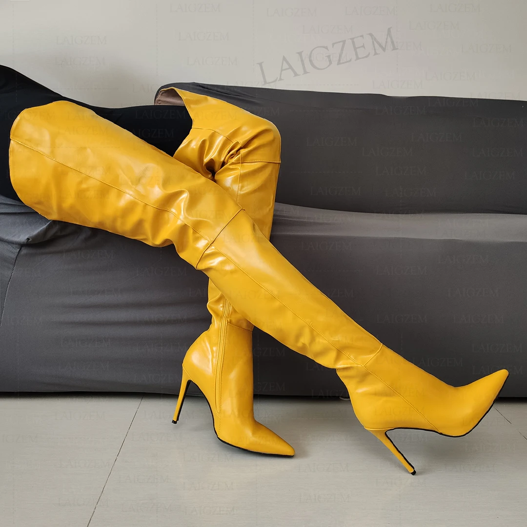 LAIGZEM Women Thigh High Boots Pointed Toe V Cut Side Zip