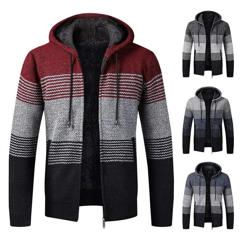 

Sweater Men's Fashion Men's Sweater Coat Spring Autumn Mens Hooded Stripe Coat Thick Zipper Wool Sweater Cardigan Jumpers Male